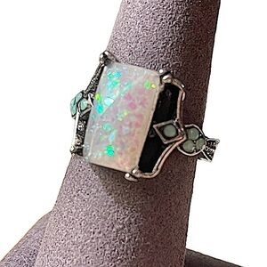 Faux Dichroic Glass Opal & Rhinestone Silver Toned Statement Cocktail Ring 8